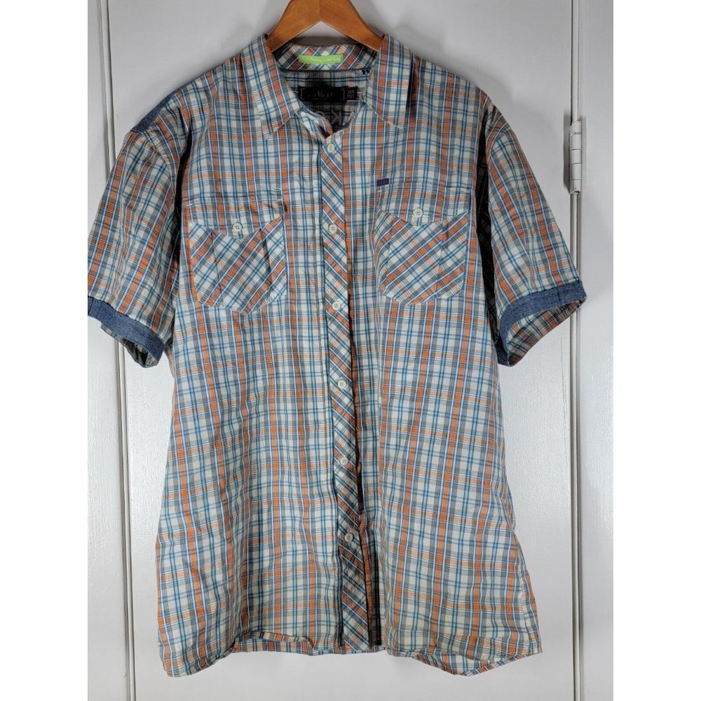 AKOO Men’s Shirt 2XL Reform Camp Plaid Blue, Orange, White Short Sleeve